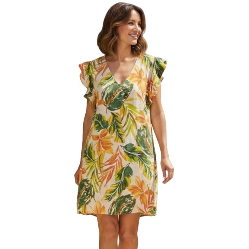 Nicole Miller Tropical Print Linen Vneck Shift Dress Size Large